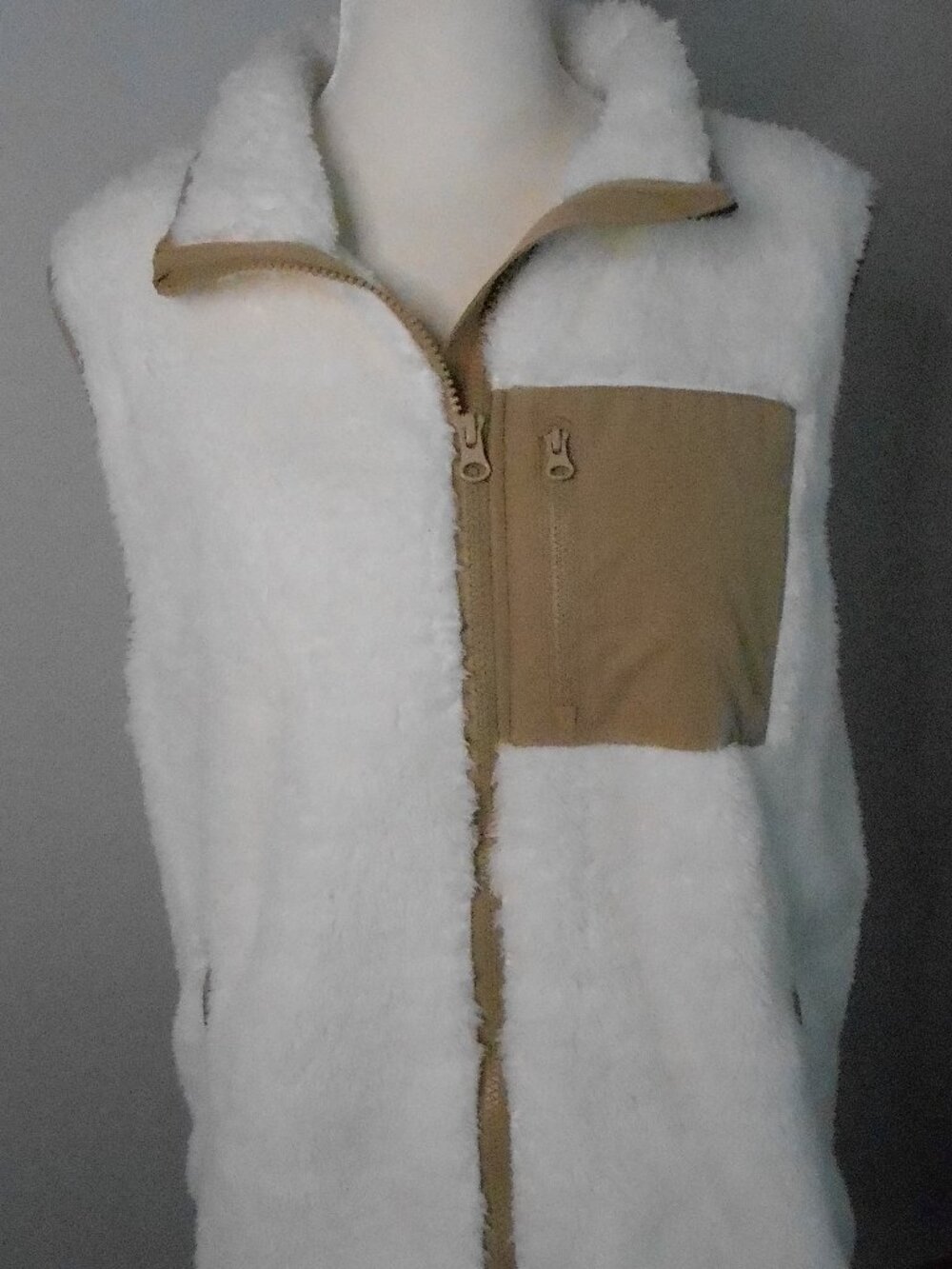 Lands End Women's Cream Sherpa Vest Tan Trim Full Zip Size-Med (10-12)